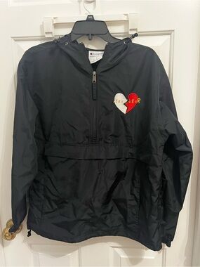 Champion Black Hooded Rain Jacket with Red & White Heart Patch